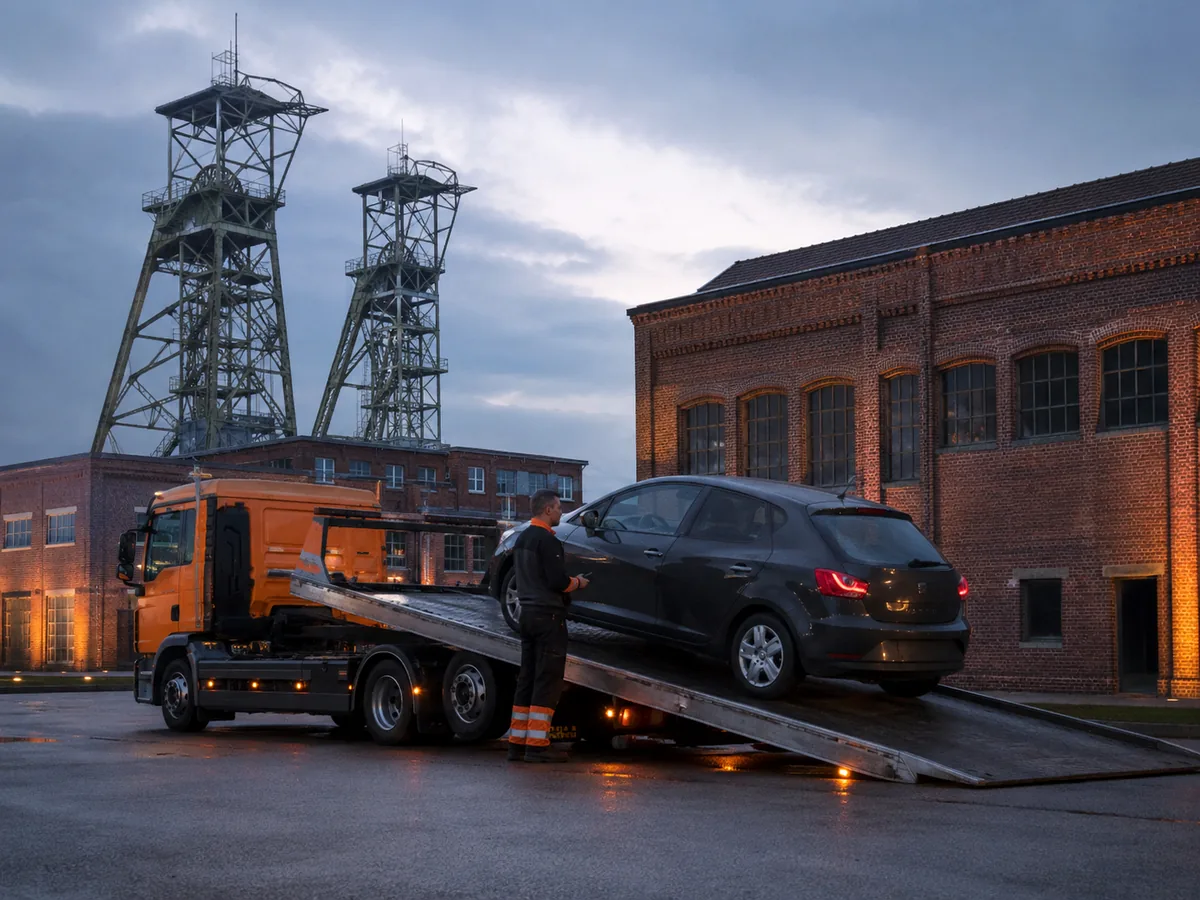 Auto wordt in Genk op een oprijwagen geladen voor gratis ophaling, met twee schachtbokken van het mijnerfgoed op de achtergrond