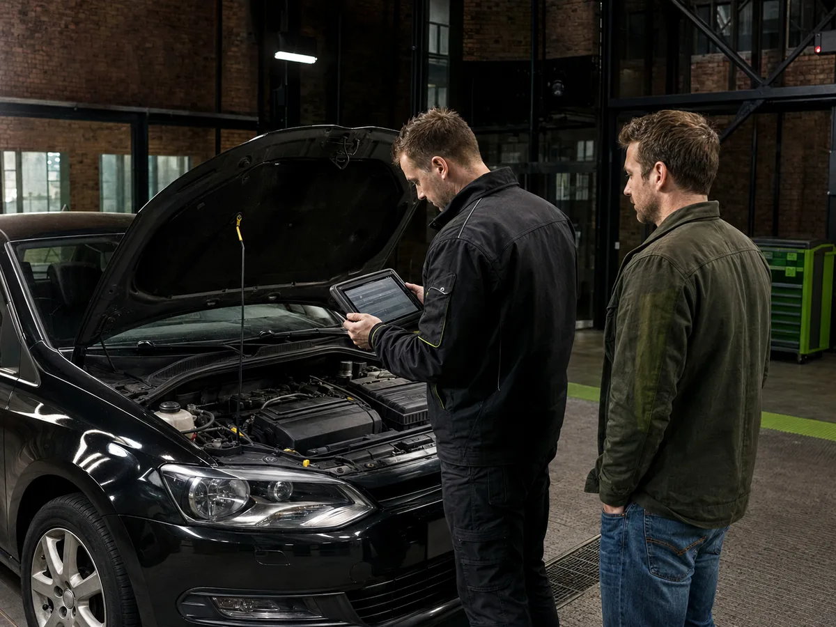 Taxatie in Genk: de auto opkoper bekijkt met een tablet de motor van een wagen in een industriële hal, voor een vrijblijvend bod